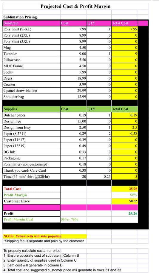 Craft pricing Calculator